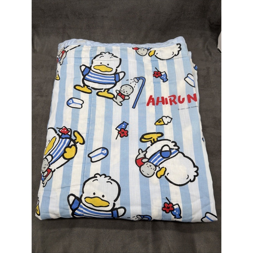 Vintage 1995 Sanrio Ahiru no Pekkle Blue Striped Handmade Quilt Blanket